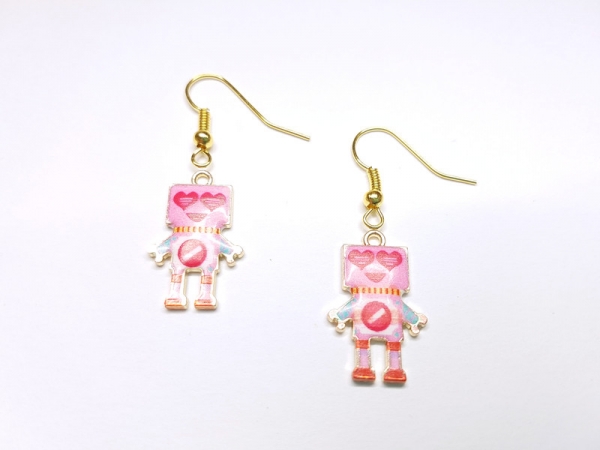 Roboter Ohrringe rosa hell goldfarben robot